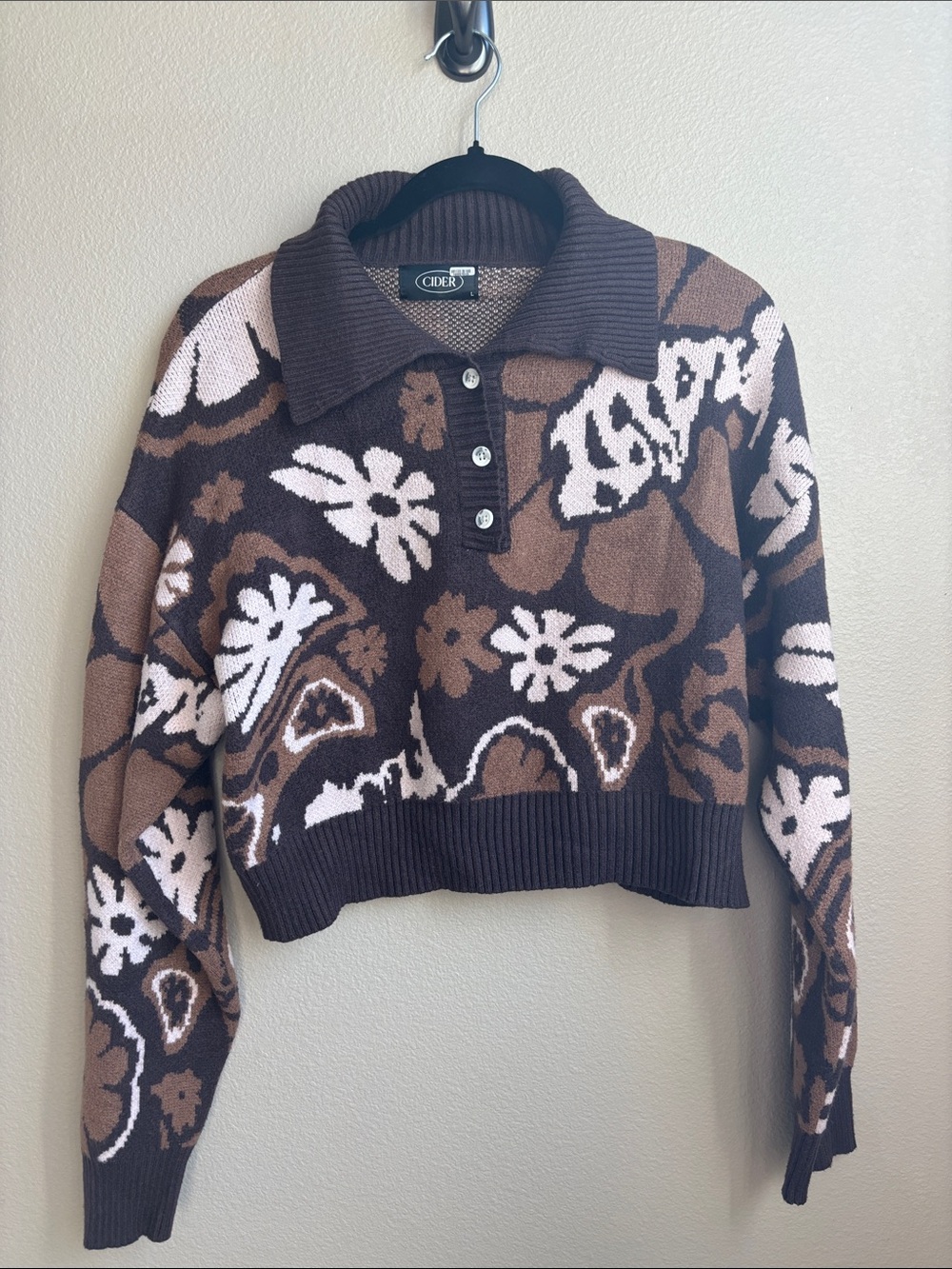 CIDER Brown Floral Cropped Polo Knit Sweater Size Large